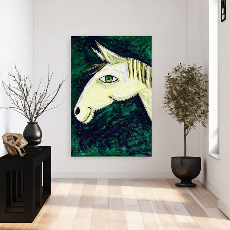 «Mystical Horse Gaze», art abstrait cheval rêveur, forêt moderne