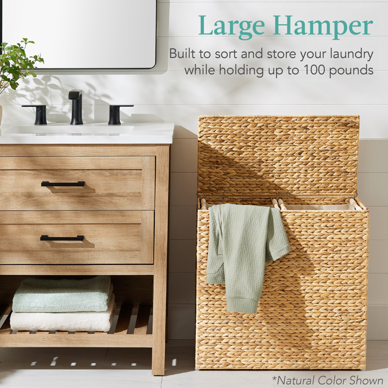 Large Black Handwoven Water Hyacinth Double Laundry Hamper