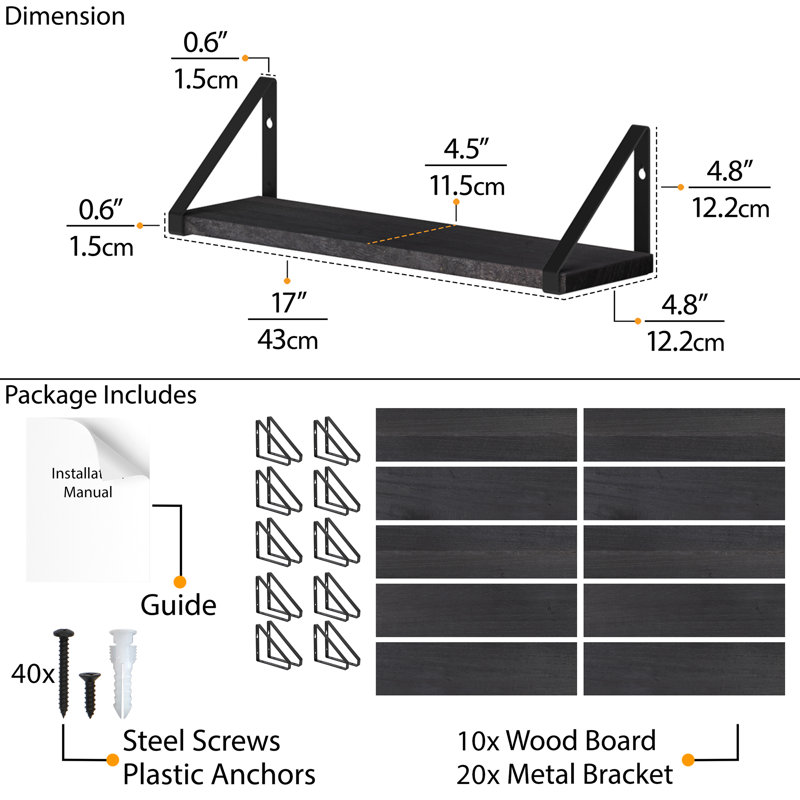 Floating Bookshelves for Wall Decor, Wooden Shelves for Living Room & Kitchen Decor, Special Finish Options, Black