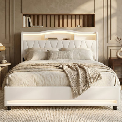 EU Double & Kingsize Velvet Storage Bed with App-Controlled RGB LED & USB C Charging, 4-Drawer Upholstered Platform Bed Frame with Storage Headboard, Beige/Grey, 140/160x200cm