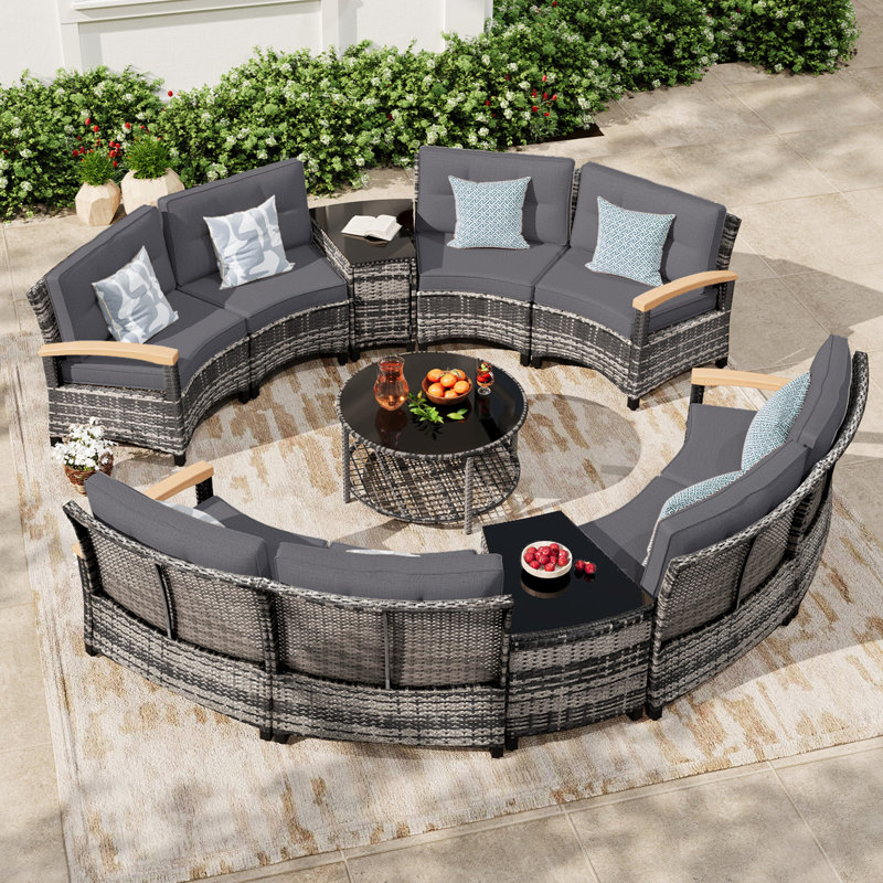 11 Piece Outdoor Patio Furniture Set, Half-Moon Curved Sectional Sofa Rattan Conversation Set With Wood Armrests, Coffee Table & 2 Side Table