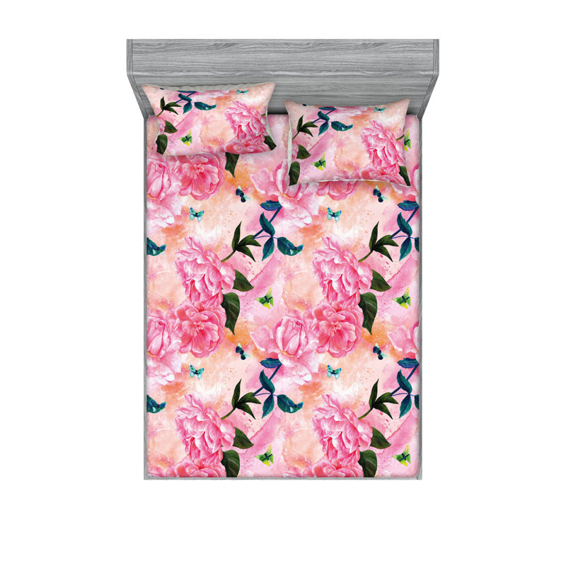 Drap-housse et taies décoratives 3 pièces Ambesonne, Corail, rose, pêche / floral