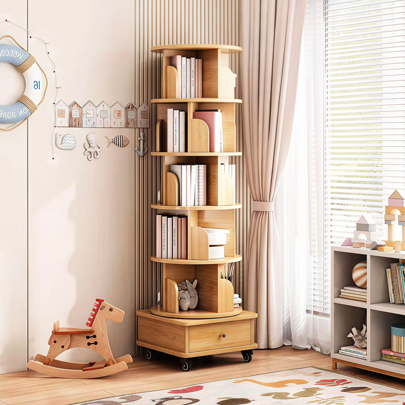 Bibliothèque à 6 niveaux avec roulettes et tiroir, couleur bois