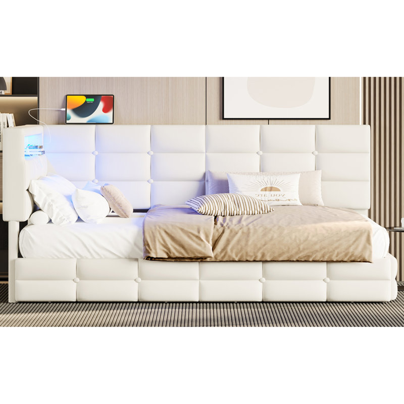 Twin Daybed With Led Lights, Charging Station, And 2 Drawers - Upholstered In Beige Linen For Comfort Storage Headboard, Drawers, Integrated Bed