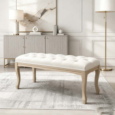 Banc de chambre à coucher, banc d'entrée touffeté de style français rétro, banc de bout de lit tapissier 43,3 po avec pieds en bois vieilli, siège de repose-pieds en lin