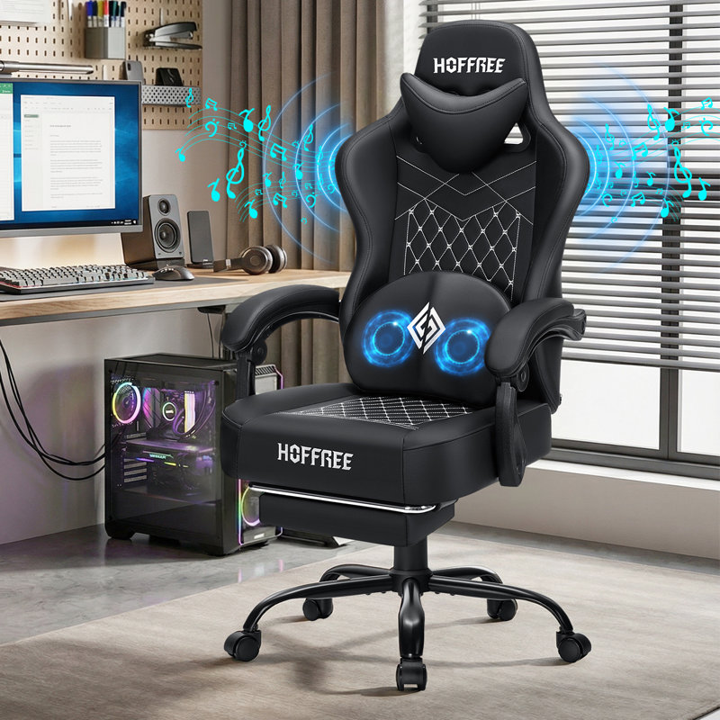 Inbox Zero Adjustable Reclining Ergonomic Faux Leather PC & Racing Game Chair with Bluetooth Speakers and Vibration Lumbar Pillow