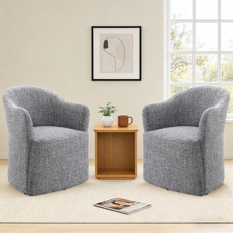 Upholstered Dining Chairs With Casters, Fully Assembled Round Barrel Armchair Set Of 2, Solid Wood Accent Vanity Chair For Dining Room Living Room