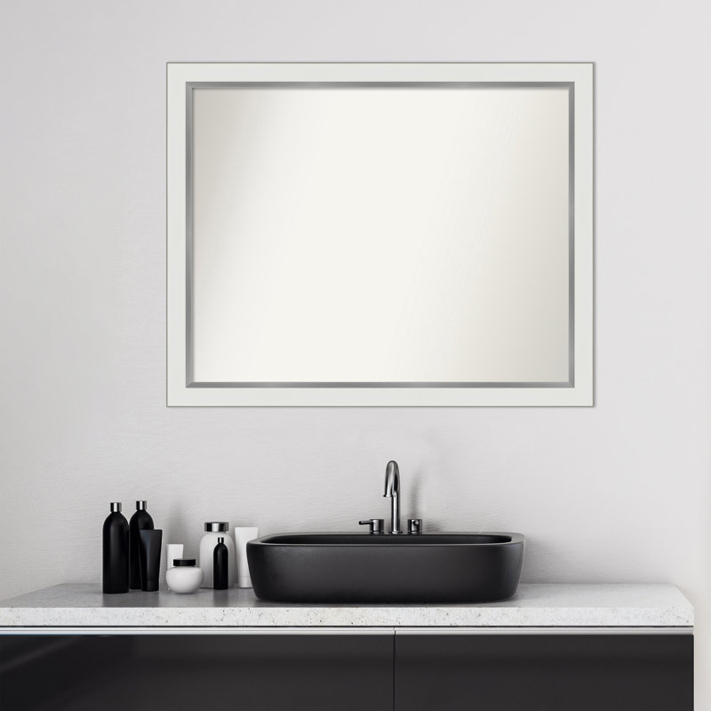 Eva White Silver Narrow Bathroom Vanity Non-Beveled Wall Mirror, 25 " H x 31 " W