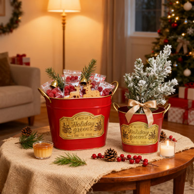 Christmas Metal Bucket with 'Fresh Cut' Emblem, Holiday Decorative Pail and Storage Container for Table Centerpiece, Mantel, and Indoor Christmas Decoration