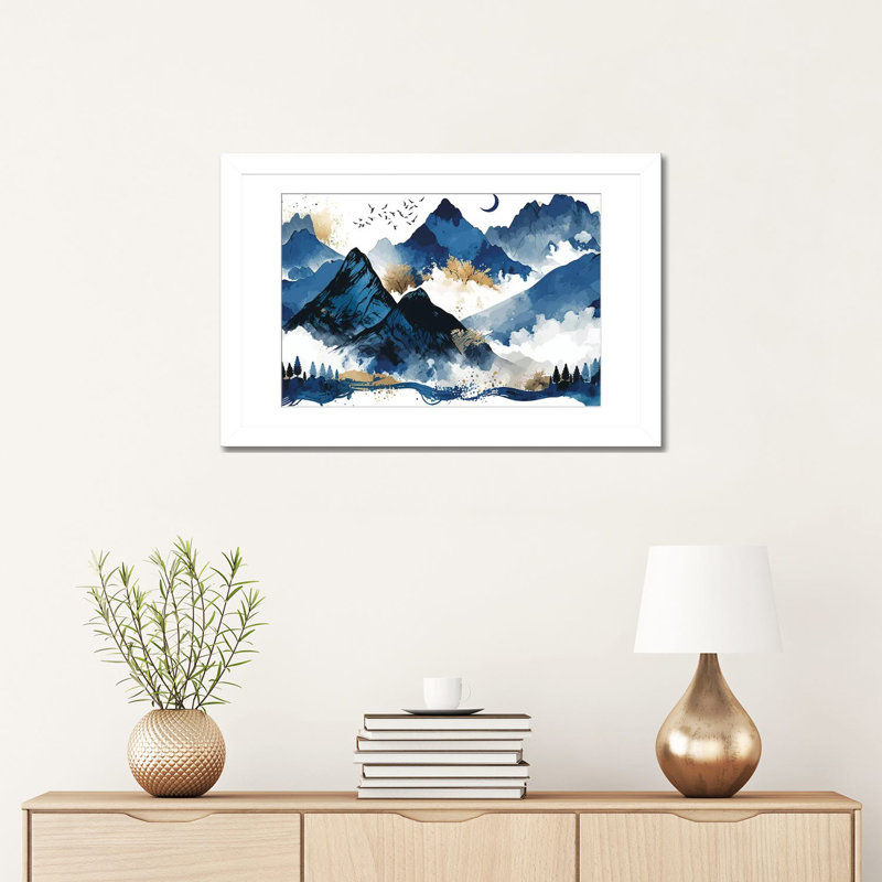 Blue Mountains, 16" H x 24" W x 1" D, White, White Open Corner Framed Paper