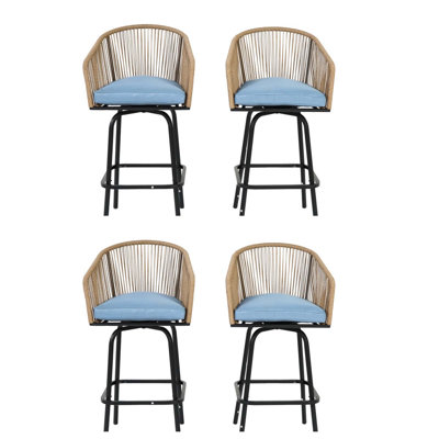 Ensemble de 4 tabourets de bar d'extérieur avec accoudoirs, 4 chaises de bar en rotin toutes saisons avec dossier, tabourets de bar en osier pour la cour, le jardin, la piscine, le balcon et la terrasse
