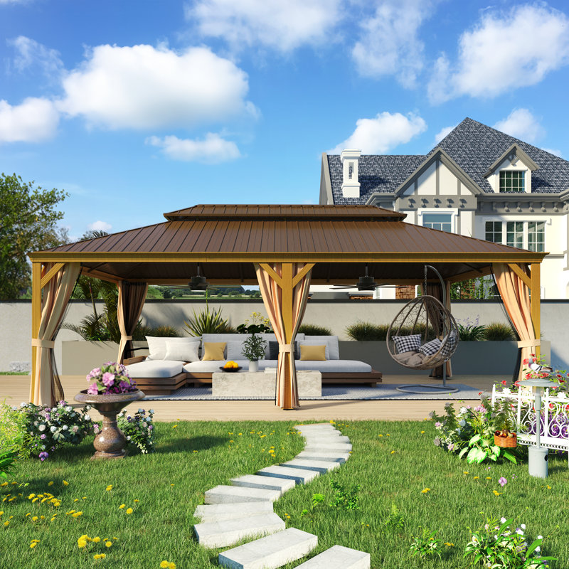 22 Ft. W x 14 Ft. D Hardtop Gazebo, Galvanized Steel Double Roof with Aluminum Frame, Outdoor Gazebo with Curtains and Nettings for Patio, Backyard and Deck