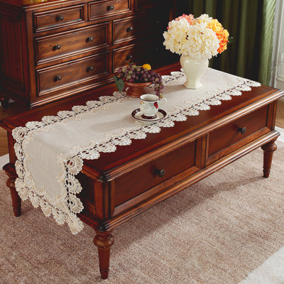Beige Linen Blend Table Runner with Embroidery lace Border