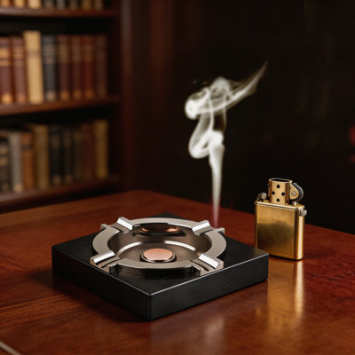 Stylish Black Metal Cigar Ashtray With A Premium Solid Wood Base; Suitable For Home, Office, Bar, And Terrace Use.