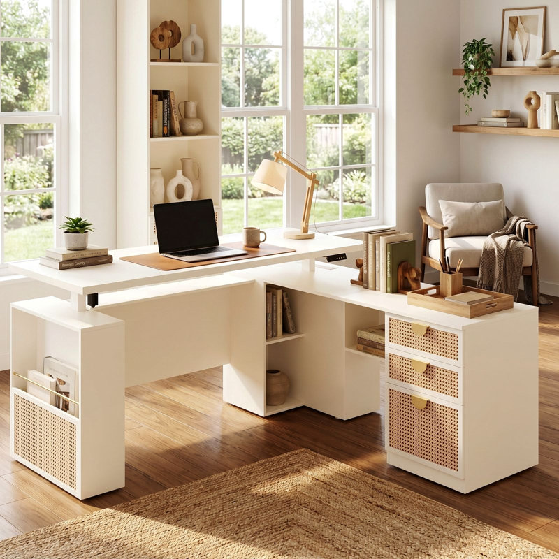 Bureau debout électrique en L à hauteur ajustable en L de 63 po avec classeur à 3 tiroirs, panneau d'intimité, AC / USB, bureau de coin assis-debout, noyer clair Adonia