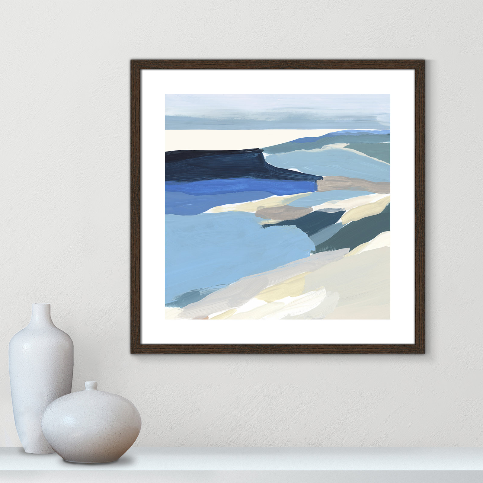 Decker "Graham Lake II" Painting, 24.75" H x 24.75" W x 0.75" D, Walnut Wood Framed Paper
