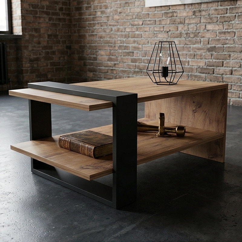 Table basse avec rangement Mansel, Bois moyen / noir