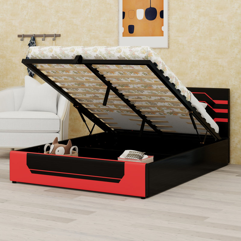 Lit plateforme Esports Gaming avec rangement hydraulique et look Cyberpunk, Noir et rouge