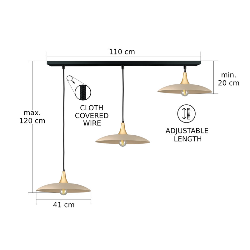 - Light Matte Black Dome Pendant, Gold/Latte, 3 Lights, 120cm H x 130cm W x 41cm D