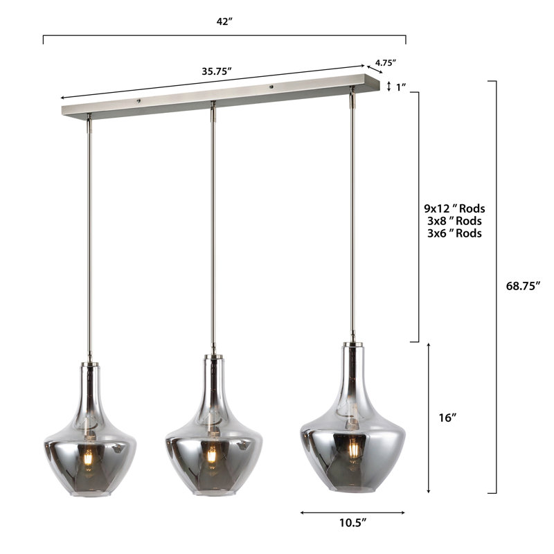 Cammie 3 - Light Kitchen Island Pendant, Smokey, Satin Nickel
