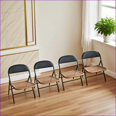 Ensemble de 4 chaises en rotin, cadre en acier noir pliable pour le salon / la salle à manger / la chambre à coucher | Noir | Rotin