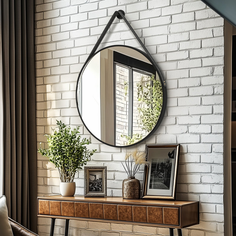 32'' Round Coastal Wall Mirror Brushed Black Aluminum Frame, 31.5" x 31.5", Black