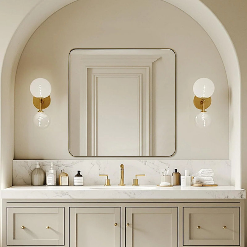  Miroir de salle de bain moderne et arrondi | Cadre en acier inoxydable, Or brossé, 30 po x 30 po