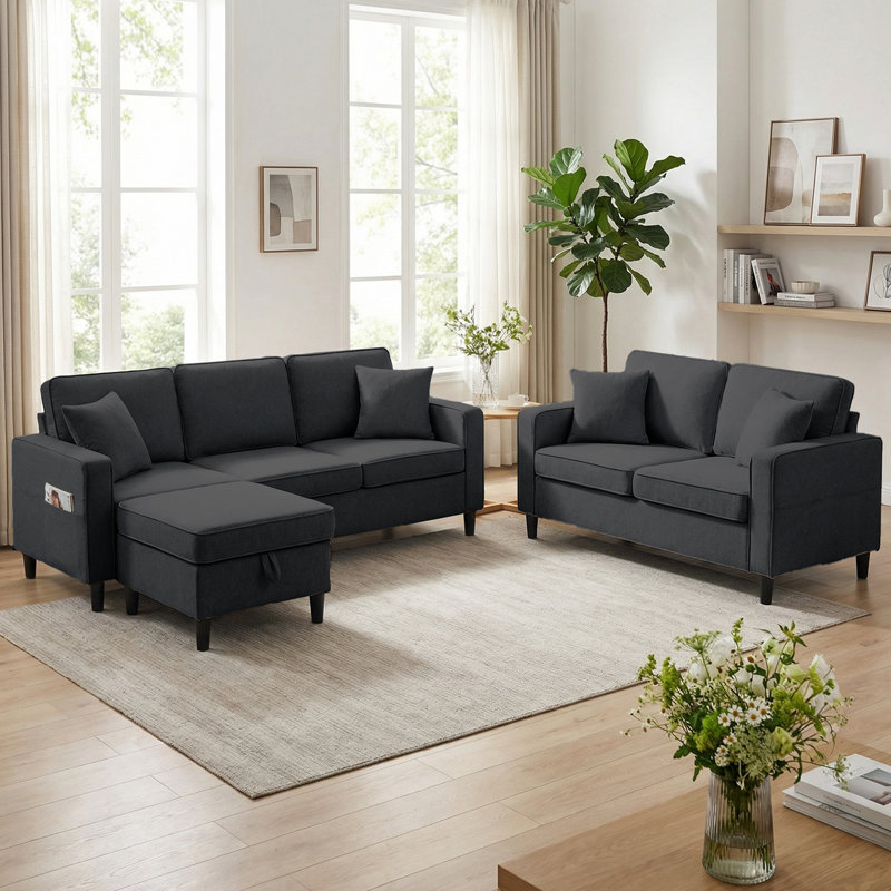 Ensemble de salon 3 pièces en lin avec repose-pieds, canapé modulaire et causeuse avec poches latérales, gris foncé