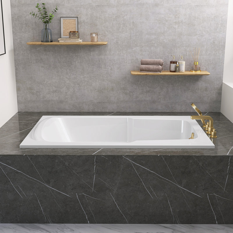 60" W X 36'' D Alcove Rectangular Bathtub Drop-in Soaking Tub 3-Wall Acrylic White Bathroom Tub with Reversible Installation & Built-in Armrests