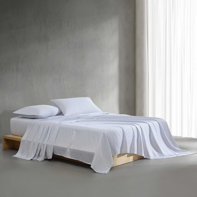 Calvin Klein Printed Sateen Cotton Sheet Set, King Sheet Set with 2 Pillowcases, Abstract Ditsy Floral Blue