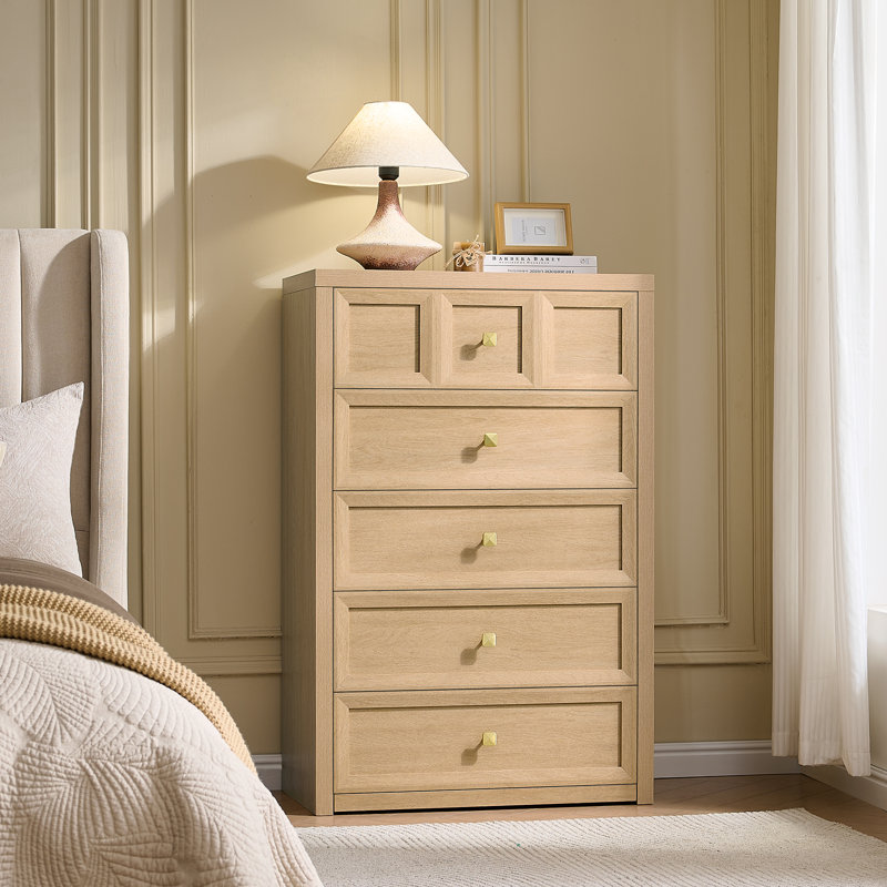 Commode 5 tiroirs, commode haute en bois naturel 45 po, organisateur de commode, Naturel