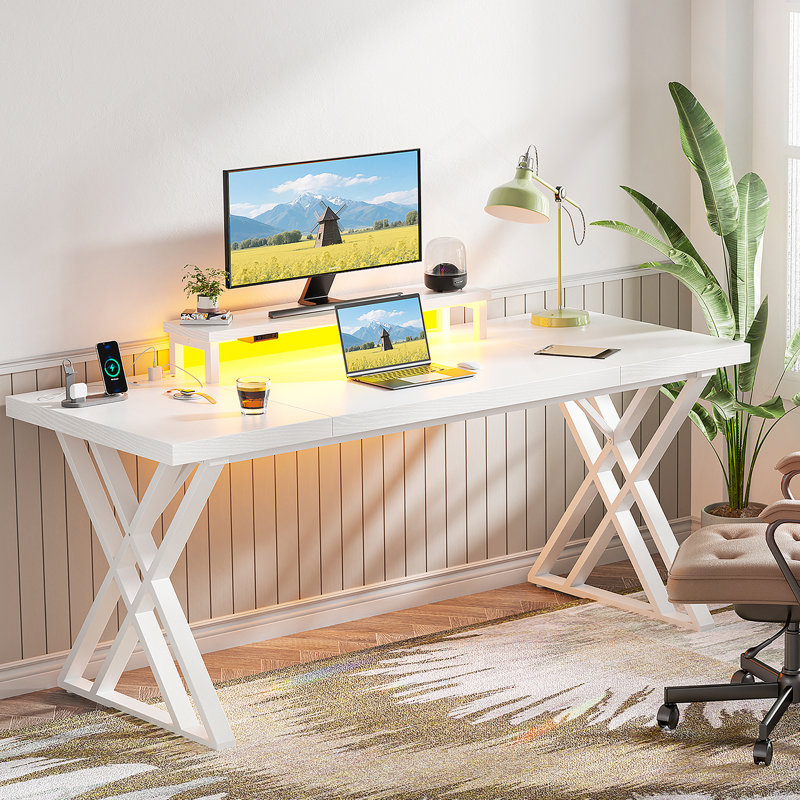 Bureau d'ordinateur avec station de charge USB, bande lumineuse à DEL, Noir