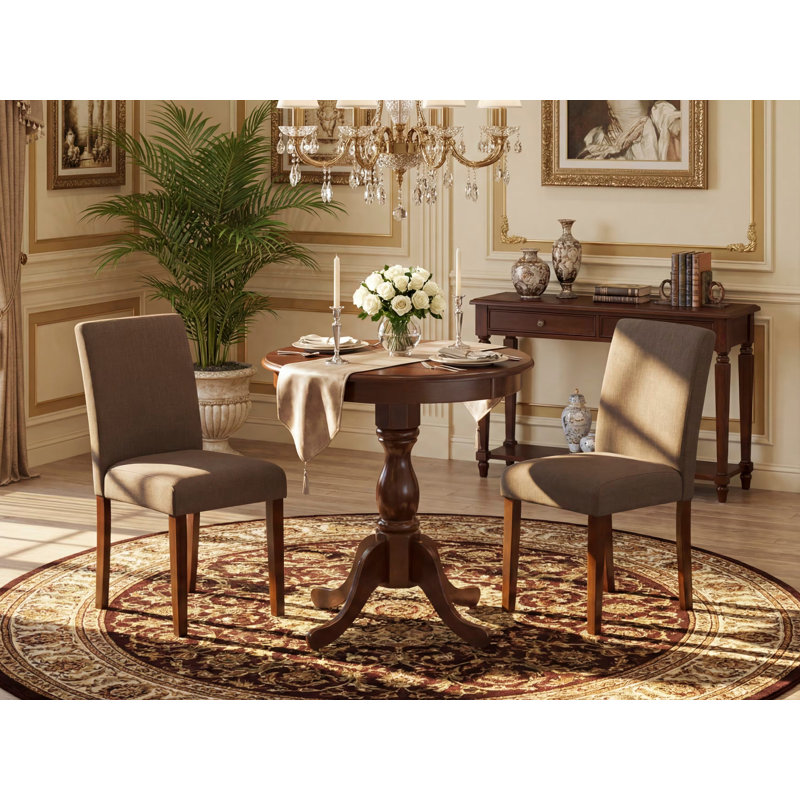 3 Piece Dinette Set for Small Spaces Contains a Round Dining Table with Pedestal and 2 Coffee Linen Fabric Parson Dining Chairs, Mahogany