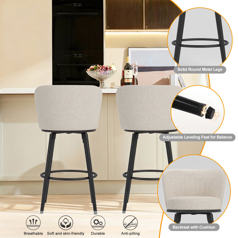 Bar Stools, 28.3" Swivel Upholstered Bar Stools With Backs And Footrest,metal Legs,  Beige, 4