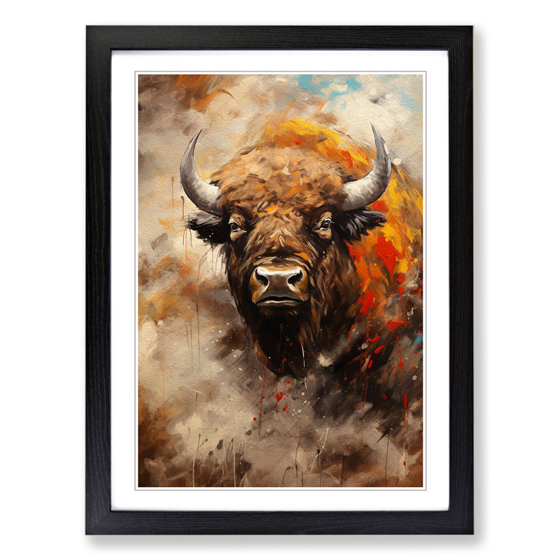 Bison Gestural Art - Framed Print, 46cm H x 34cm W x 2cm D, Black Framed