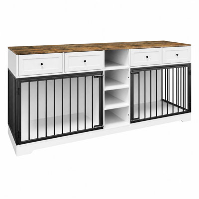 Double Dog Crate Furniture for 2 Large or Medium Dogs – Heavy Duty Wooden Indoor Kennel, TV Stand with 4 Drawers & Shelves – Extra Wide Pet Bed & Sofa – 82 Inch – Classic + White