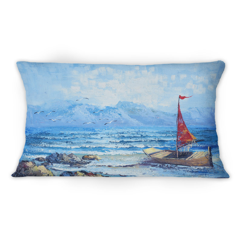 Coussin décoratif rouge à motif de voilier sur l'océan bleu - 1 nautique et côtier