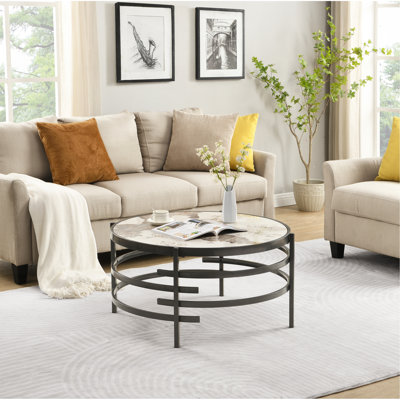 Table basse 32,48 po avec plateau en pierre frittée et structure en métal robuste
