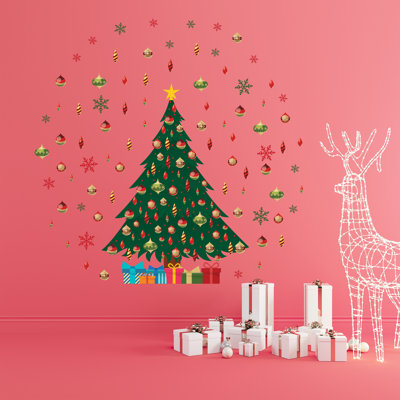 Adhésif décoratif arbre de Noël vert et flocons de neige colorés