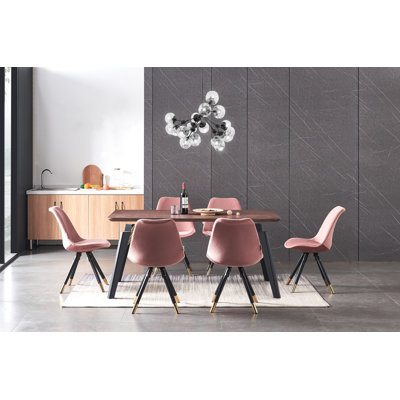 Guillermina 6 Person Dining set - a Rectangular Wooden Dining Table with Metal Legs and a Set of 6 Quilted Velvet Dining Chairs for Dining Room - Modern Dining Table Set