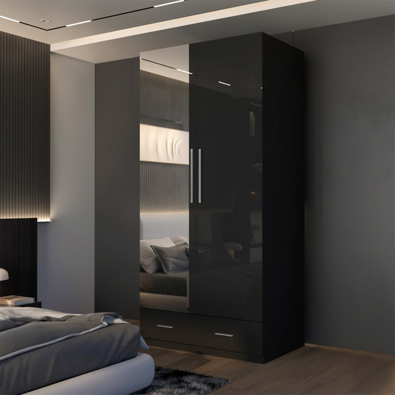 Modern 2 Door 2 Drawer High Gloss Hinged Wardrobe, Black
