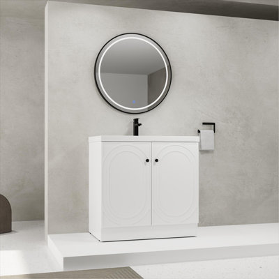 Évier de salle de bain 36 po en résine blanche et 2 portes d'armoire à fermeture en douceur (emballage KD)