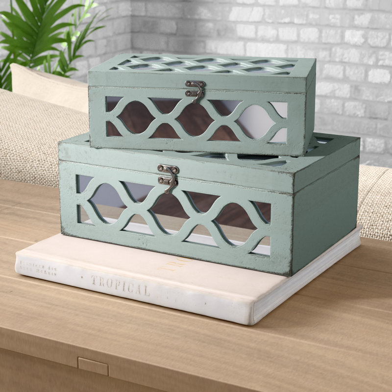 Eziah Fir Wood Mirrored Decorative Boxes, Seafoam Green