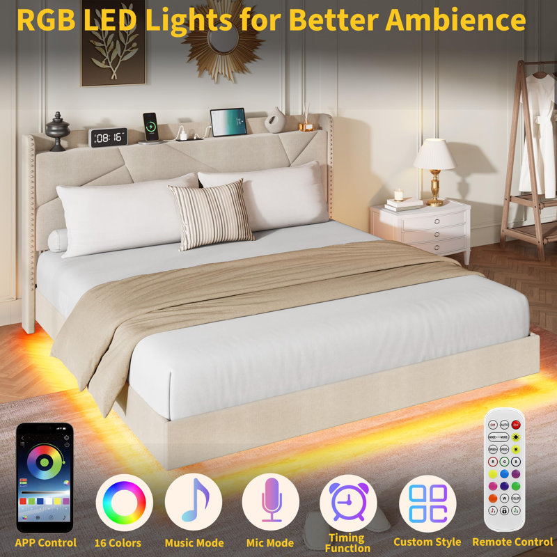Floating Bed Frame, With RGB LED Lights And Charging Station, Beige, Full