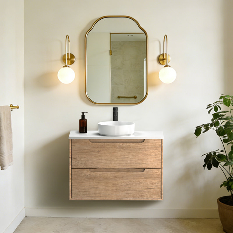 Meuble-lavabo mural en chêne naturel avec vasque ronde en céramique, 36"