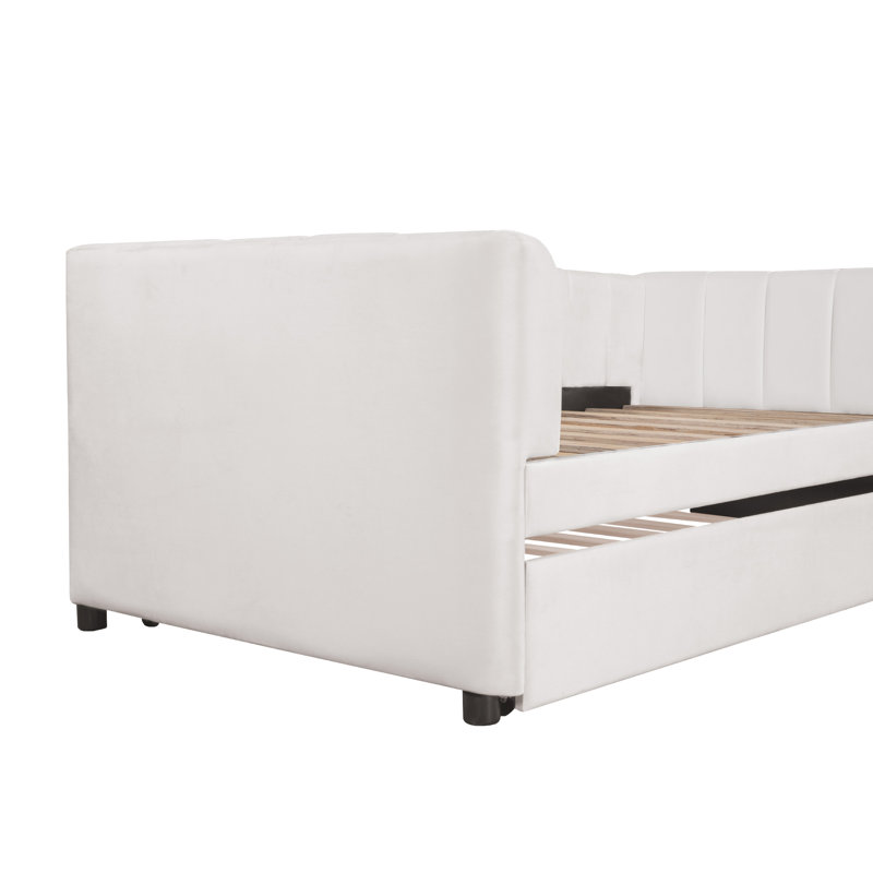 Beige Velvet Upholstered Twin Daybed With Drawers, Beige