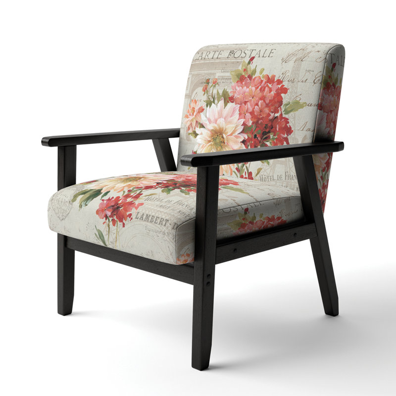 'Hax - Red Painted Flowers On VIntage Postcard III - Upholstered Farmhouse Accent Arm Chair