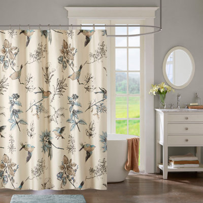 Charmant rideau de douche en coton imprimé avec motif classique de feuilles et d'oiseaux, certifié Oeko-Tex pour la sécurité et le confort
