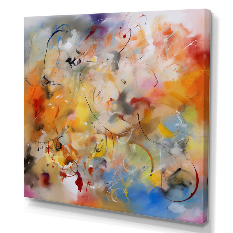 «Blue, Yellow and Orange Colorful Whirls VII - Abstract Minimalisme», art mural encadré, H 34 po x l 44 po, Toile tendue