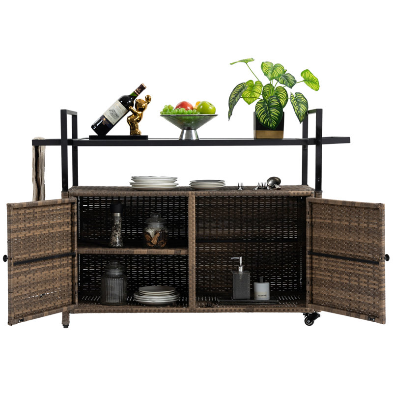 Outdoor Wicker Bar Cart, Patio Wine Serving Cart W/Wheels , Rolling Rattan Beverage Bar Counter Table W/Glass Top For Porch Backyard Garden Poolside Party